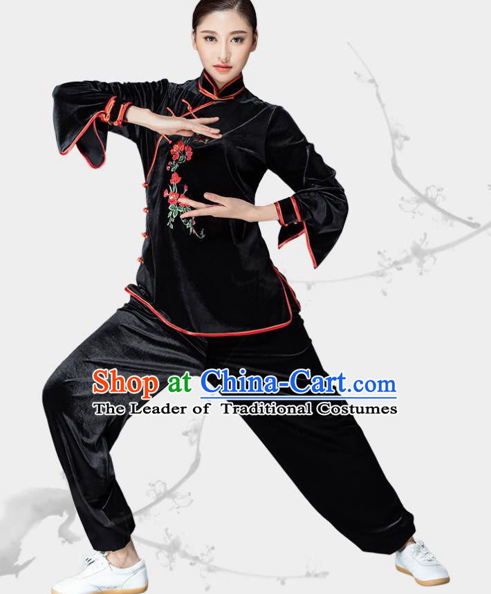 Traditional Chinese Kung Fu Black Velvet Embroidered Flowers Costume, China Martial Arts Tai Ji Slant Opening Clothing for Women