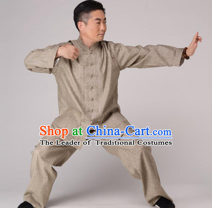 Traditional Chinese Kung Fu Khaki Linen Costume, China Martial Arts Uniform Tai Ji Tang Suit Plated Buttons Clothing for Men