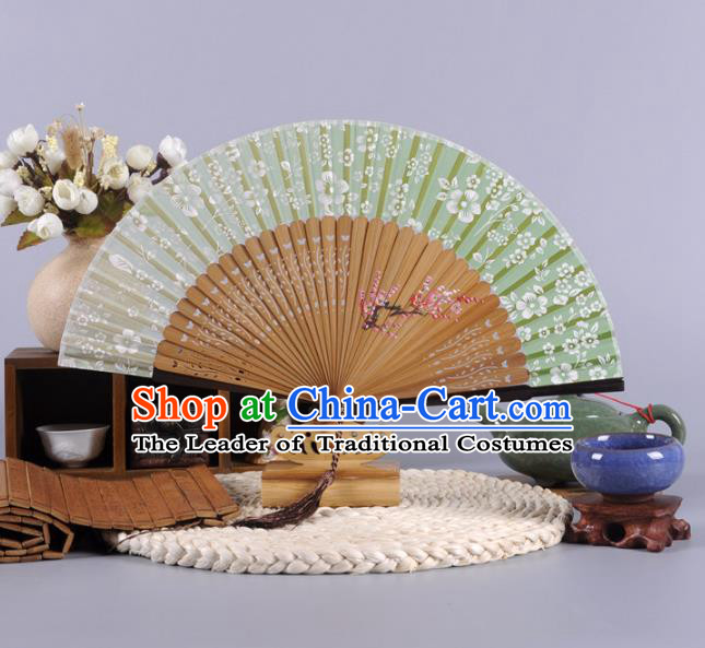 Traditional Chinese Crafts Hand Painted Plum Blossom Green Silk Folding Fan China Oriental Fans for Women