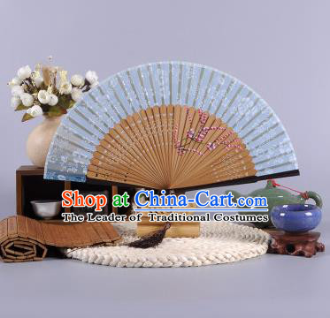 Traditional Chinese Crafts Hand Painted Wintersweet Deep Blue Silk Folding Fan China Oriental Fans for Women