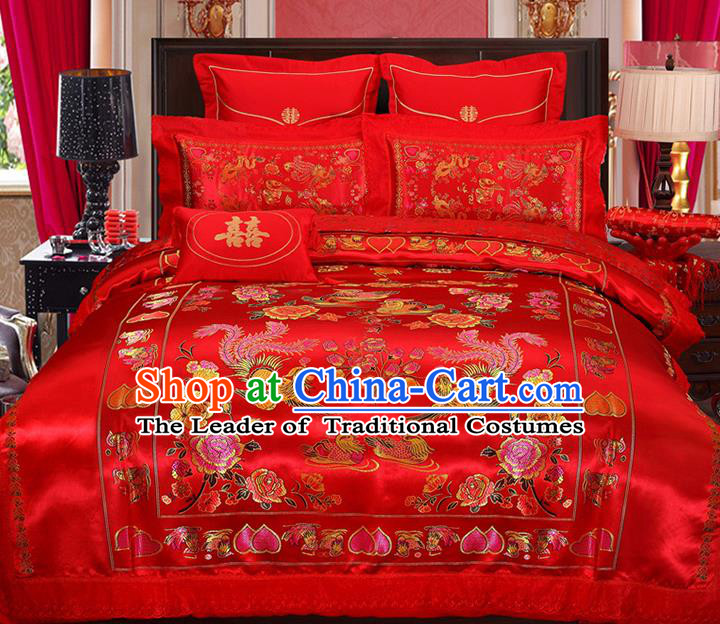 Traditional Chinese Wedding Red Satin Qulit Cover Embroidered Phoenix Peony Bedding Sheet Four-piece Duvet Cover Textile Complete Set