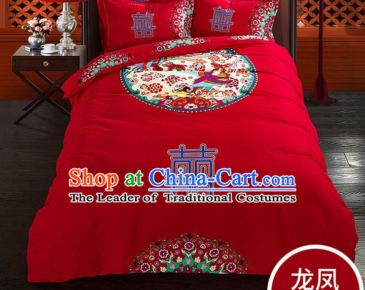 Traditional Chinese Wedding Red Qulit Cover Printing Mandarin Duck Bedding Sheet Four-piece Duvet Cover Textile Complete Set