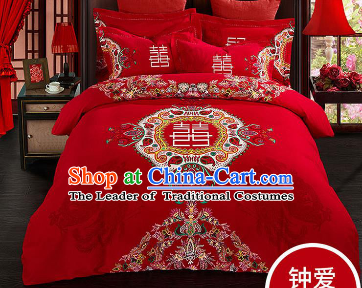 Traditional Chinese Wedding Red Qulit Cover Printing Bedding Sheet Four-piece Duvet Cover Textile Complete Set
