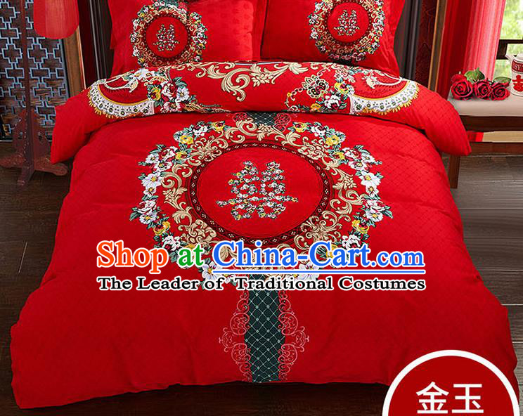 Traditional Chinese Wedding Red Qulit Cover Printing Flowers Bedding Sheet Four-piece Duvet Cover Textile Complete Set