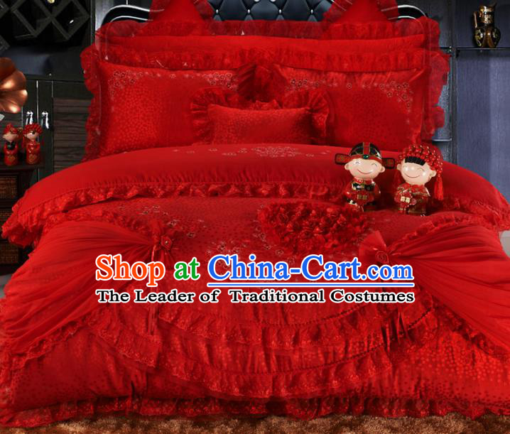 Traditional Chinese Wedding Red Lace Satin Qulit Cover Bedding Sheet Four-piece Duvet Cover Textile Complete Set