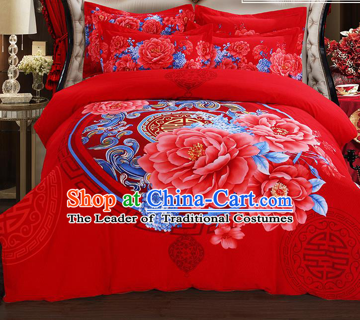 Traditional Chinese Wedding Red Printing Peony Qulit Cover Bedding Sheet Four-piece Duvet Cover Textile Complete Set