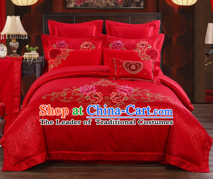 Traditional Chinese Wedding Red Satin Qulit Cover Bedding Sheet Embroidered Peony Ten-piece Duvet Cover Textile Complete Set