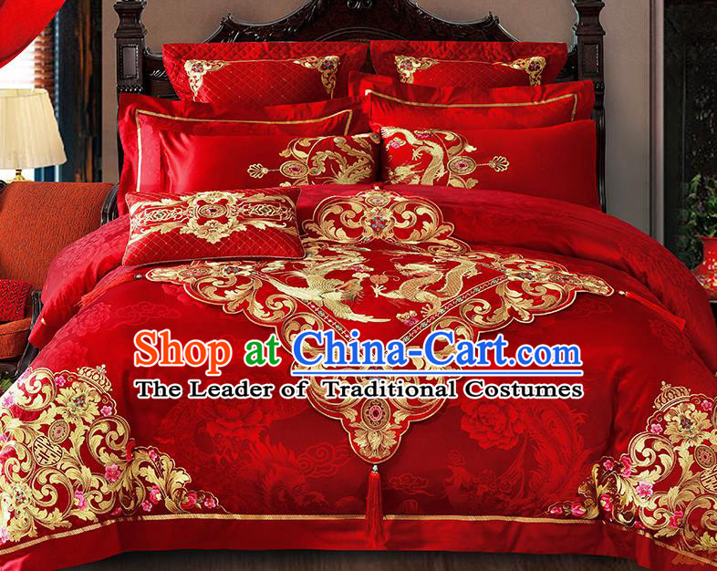 Traditional Asian Chinese Wedding Palace Qulit Cover Bedding Sheet Embroidered Dragon Phoenix Eleven-piece Duvet Cover Textile Bedding Suit