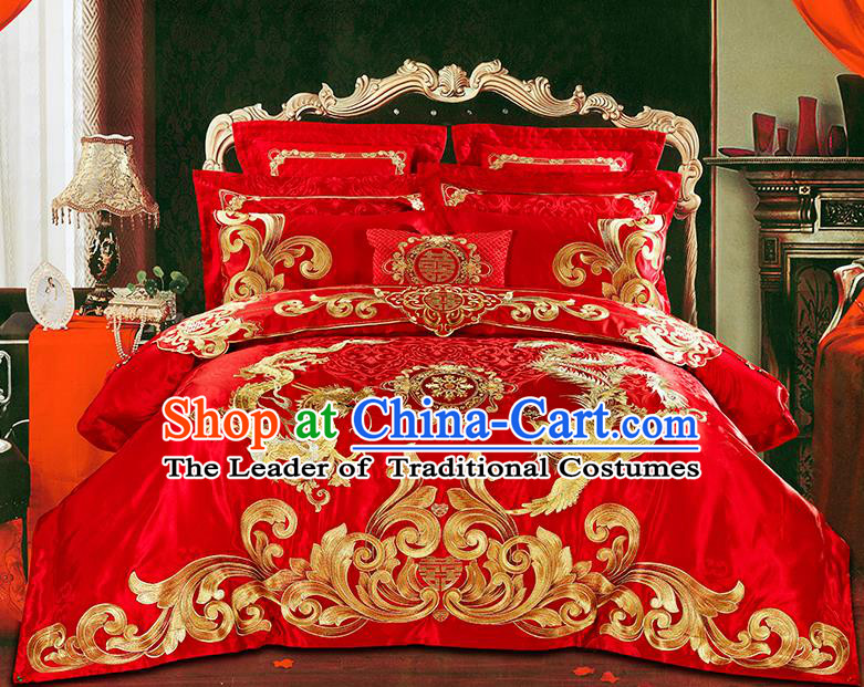 Traditional Asian Chinese Wedding Palace Qulit Cover Bedding Sheet Embroidered Eleven-piece Duvet Cover Textile Complete Set