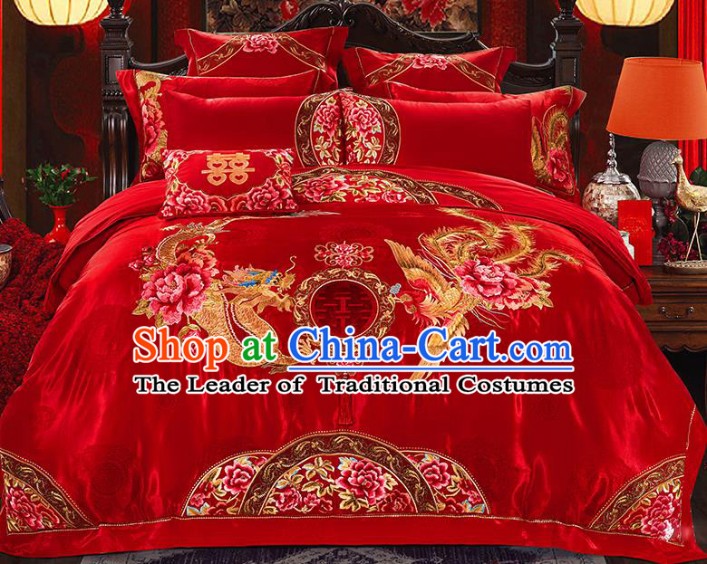 Traditional Asian Chinese Wedding Palace Qulit Cover Bedding Sheet Embroidered Dragon Phoenix Red Satin Ten-piece Duvet Cover Textile Complete Set