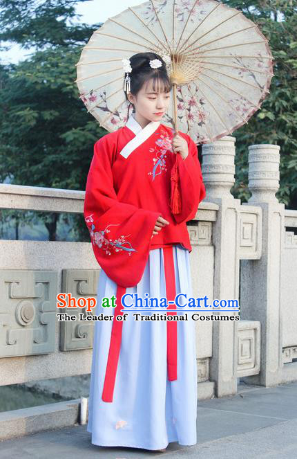 Traditional Chinese Ancient Ming Dynasty Princess Hanfu Costume Embroidered Red Blouse and Blue Skirt for Women