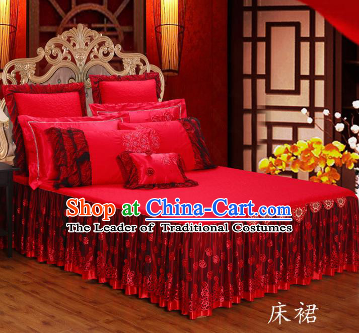 Traditional Chinese Style Wedding Bedding Article Embroidery Dragon and Phoenix Sheet and Duvet Cover Red Textile Bedding Suit