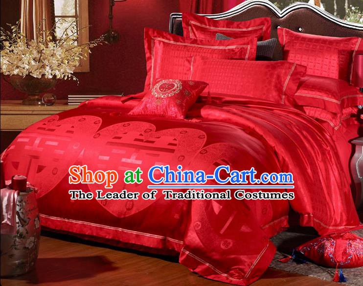 Traditional Chinese Wedding Red Satin Embroidered Four-piece Bedclothes Duvet Cover Textile Qulit Cover Bedding Sheet Complete Set