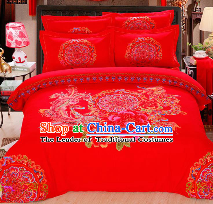 Traditional Chinese Wedding Red Printing Phoenix Peony Four-piece Bedclothes Duvet Cover Textile Qulit Cover Bedding Sheet Complete Set