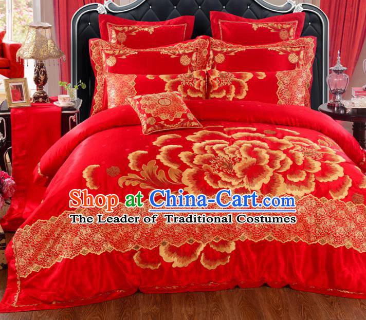 Traditional Chinese Wedding Red Embroidered Peony Ten-piece Bedclothes Duvet Cover Textile Qulit Cover Bedding Sheet Complete Set