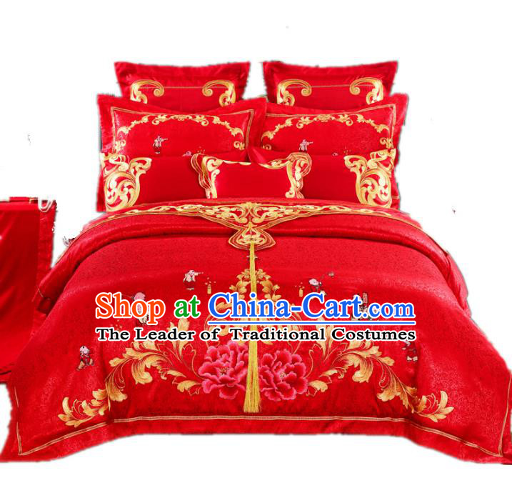 Traditional Chinese Wedding Red Satin Embroidered Peony Ten-piece Bedclothes Duvet Cover Textile Qulit Cover Bedding Sheet Complete Set