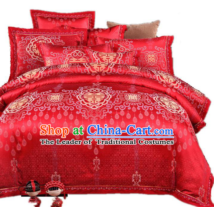 Traditional Chinese Wedding Red Satin Embroidered Six-piece Bedclothes Duvet Cover Textile Qulit Cover Bedding Sheet Complete Set