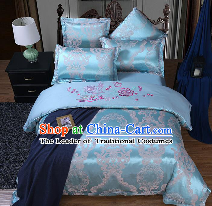 Traditional Chinese Wedding Embroidered Flowers Blue Satin Six-piece Bedclothes Duvet Cover Textile Qulit Cover Bedding Sheet Complete Set