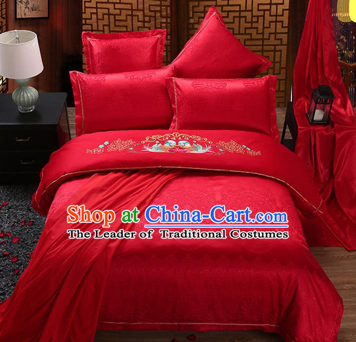 Traditional Chinese Wedding Embroidered Mandarin Duck Red Satin Six-piece Bedclothes Duvet Cover Textile Qulit Cover Bedding Sheet Complete Set