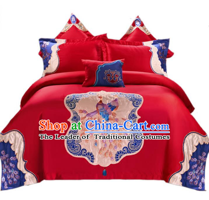 Traditional Chinese Wedding Embroidered Peacock Red Ten-piece Bedclothes Duvet Cover Textile Qulit Cover Bedding Sheet Complete Set