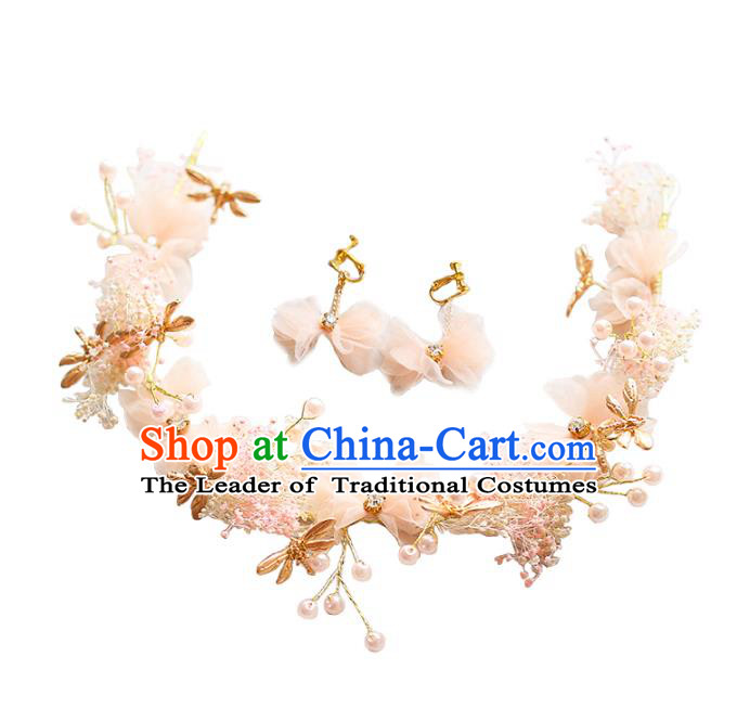 Chinese Traditional Bride Hair Jewelry Accessories Wedding Dragonfly Pink Flowers Hair Clasp and Earrings for Women