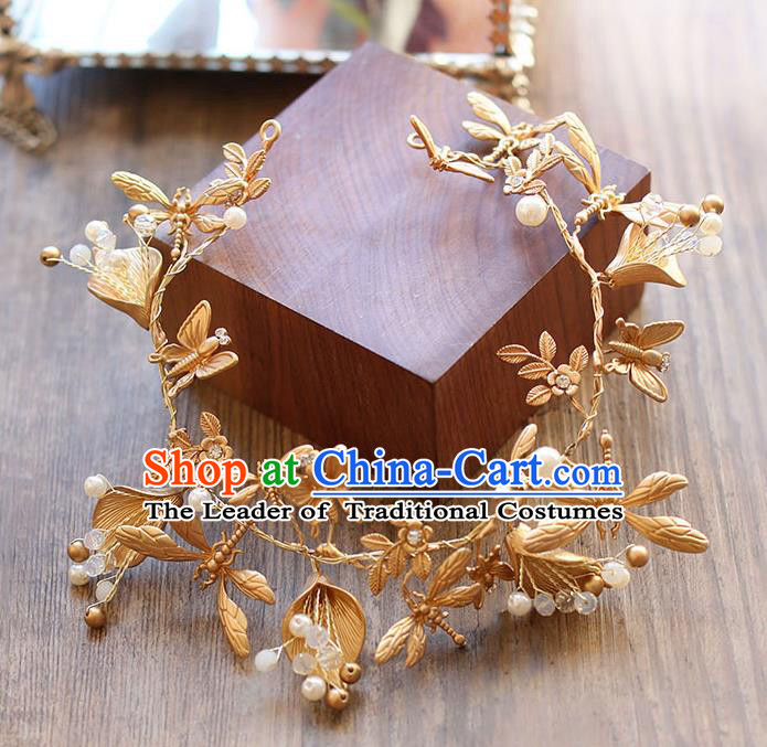 Chinese Traditional Bride Hair Jewelry Accessories Wedding Baroque Retro Golden Dragonfly Hair Clasp for Women