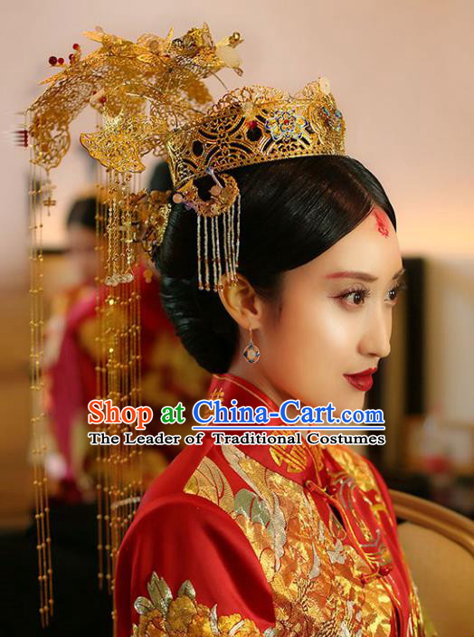 Chinese Traditional Bride Hair Jewelry Accessories Xiuhe Suit Extravagant Phoenix Coronet Wedding Tassel Headwear for Women