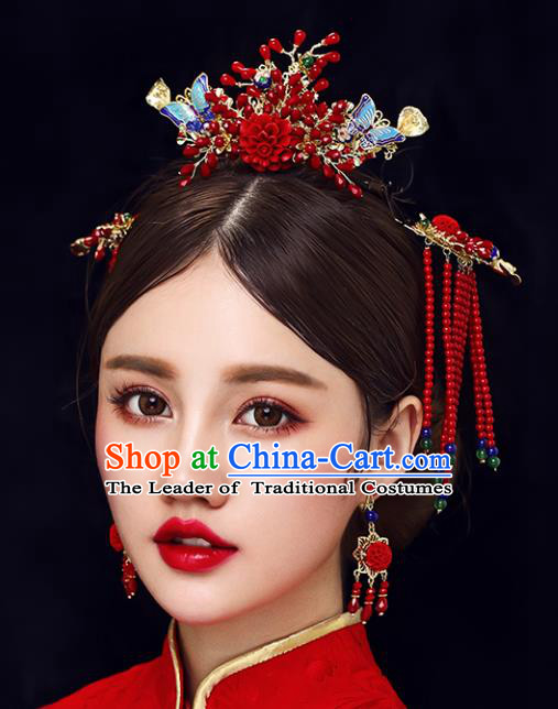 Chinese Traditional Bride Hair Jewelry Accessories Xiuhe Suit Phoenix Coronet Wedding Red Beads Tassel Headwear for Women