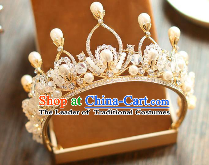 Chinese Traditional Bride Hair Accessories Baroque Princess Hair Clasp Wedding Pearls Crystal Royal Crown for Women