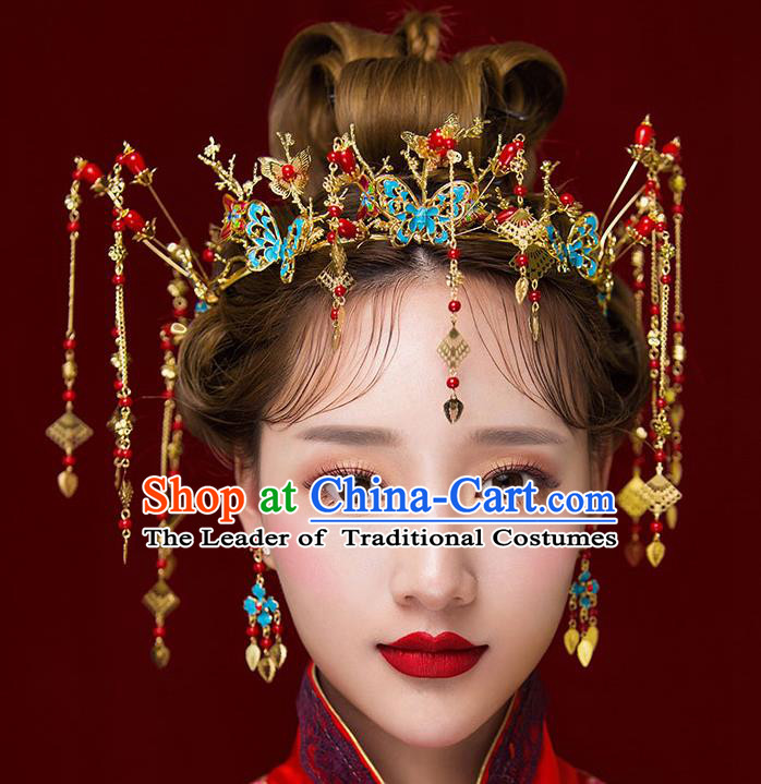 Chinese Traditional Bride Hair Jewelry Accessories Palace Xiuhe Suit Blueing Butterfly Phoenix Coronet Wedding Hairpins for Women