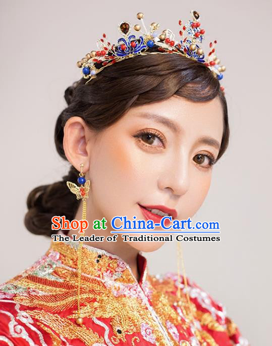 Chinese Traditional Bride Hair Accessories Palace Queen Xiuhe Suit Blueing Royal Crown Wedding Hairpins for Women