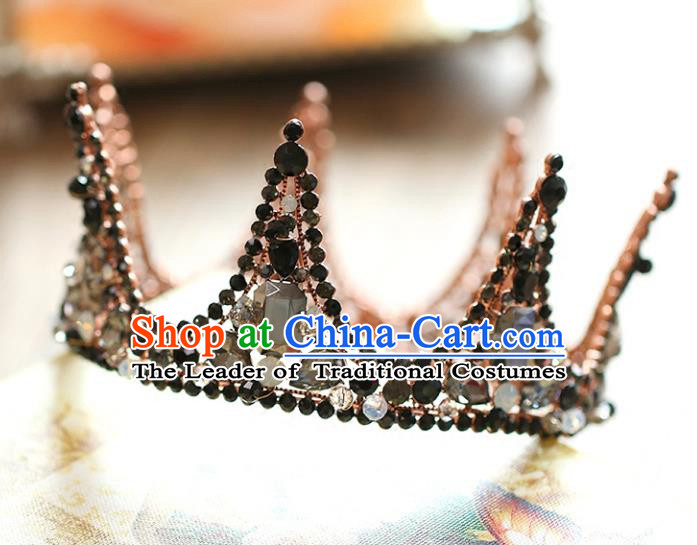 Chinese Traditional Hair Accessories Baroque Queen Hair Clasp Wedding Bride Black Crystal Round Royal Crown for Women