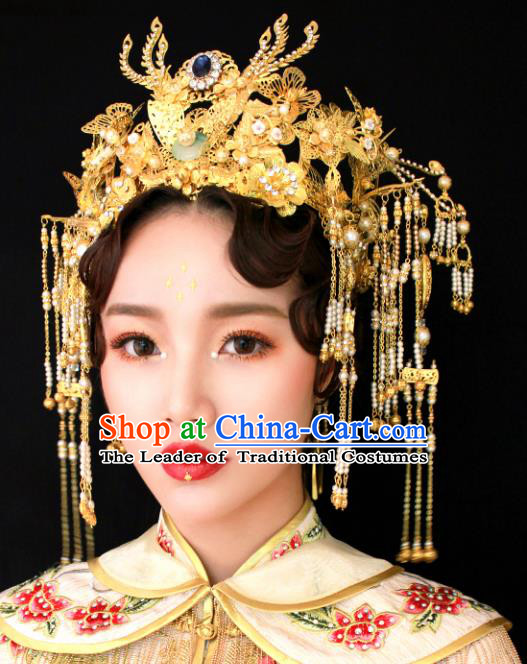 Chinese Traditional Bride Hair Accessories Xiuhe Suit Golden Palace Phoenix Coronet Wedding Hairpins for Women