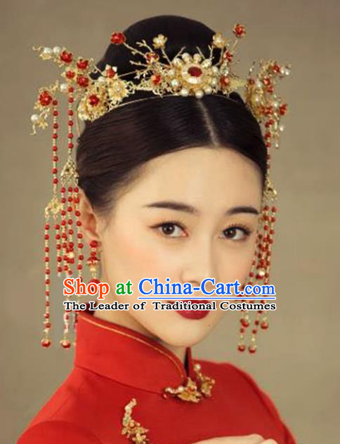 Chinese Traditional Bride Hair Accessories Headwear Xiuhe Suit Palace Pearls Phoenix Coronet Wedding Hairpins for Women