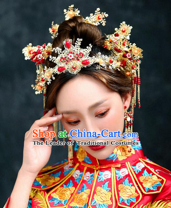 Chinese Traditional Bride Hair Accessories Xiuhe Suit Wedding Tassel Phoenix Coronet Hairpins Complete Set for Women
