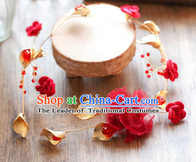 Chinese Traditional Bride Hair Accessories Baroque Princess Wedding Red Flowers Hair Clasp for Women