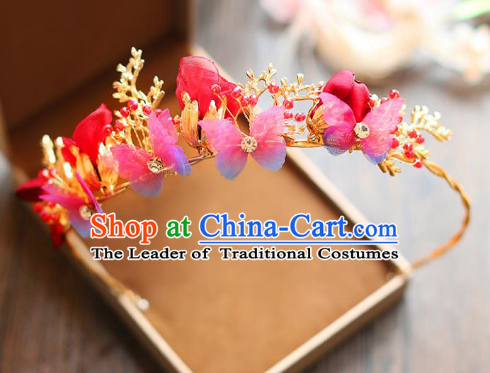 Chinese Traditional Bride Hair Accessories Baroque Princess Wedding Red Flowers Butterfly Hair Clasp for Women