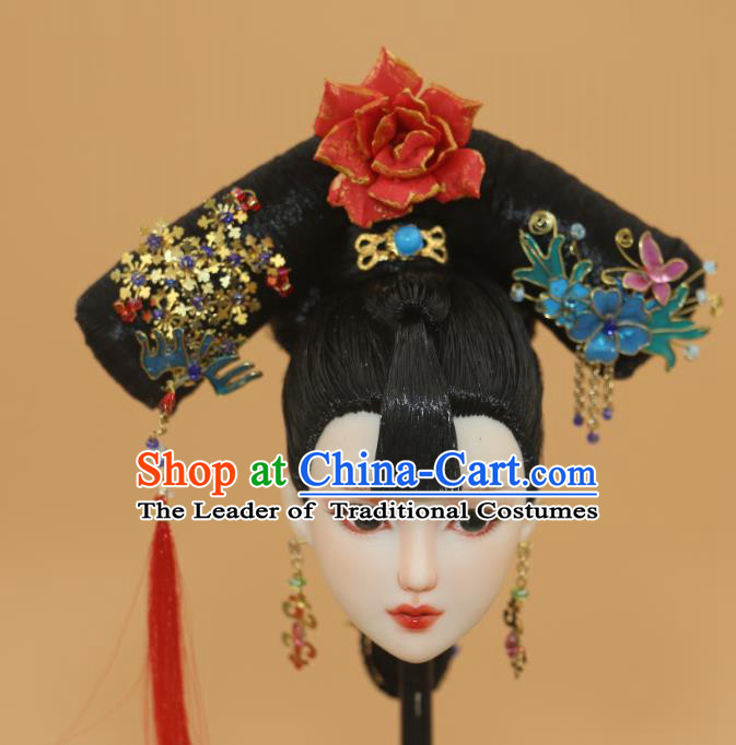 Chinese Traditional Silk Figurine Doll Hair Accessories Hairpins Qing Dynasty Manchu Lady Headwear