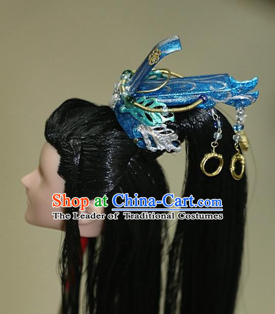 Chinese Traditional Silk Figurine Doll Hair Accessories Royal Highness Blue Crown Headwear