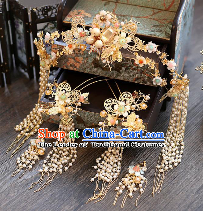 Chinese Traditional Bride Hair Accessories Xiuhe Suit Wedding Phoenix Coronet Tassel Butterfly Hairpins Complete Set for Women