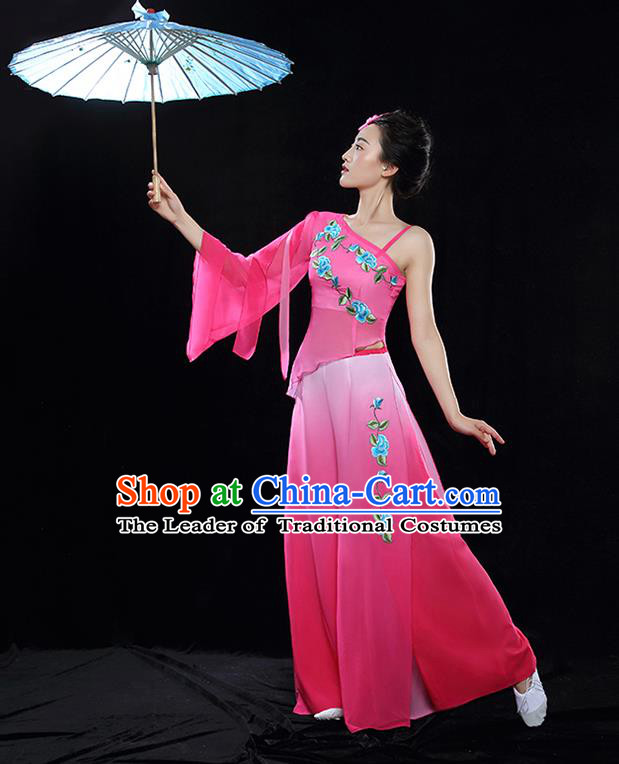 Traditional Chinese Classical Dance Fan Dance Embroidered Pink Costume, China Yangko Dance Clothing for Women
