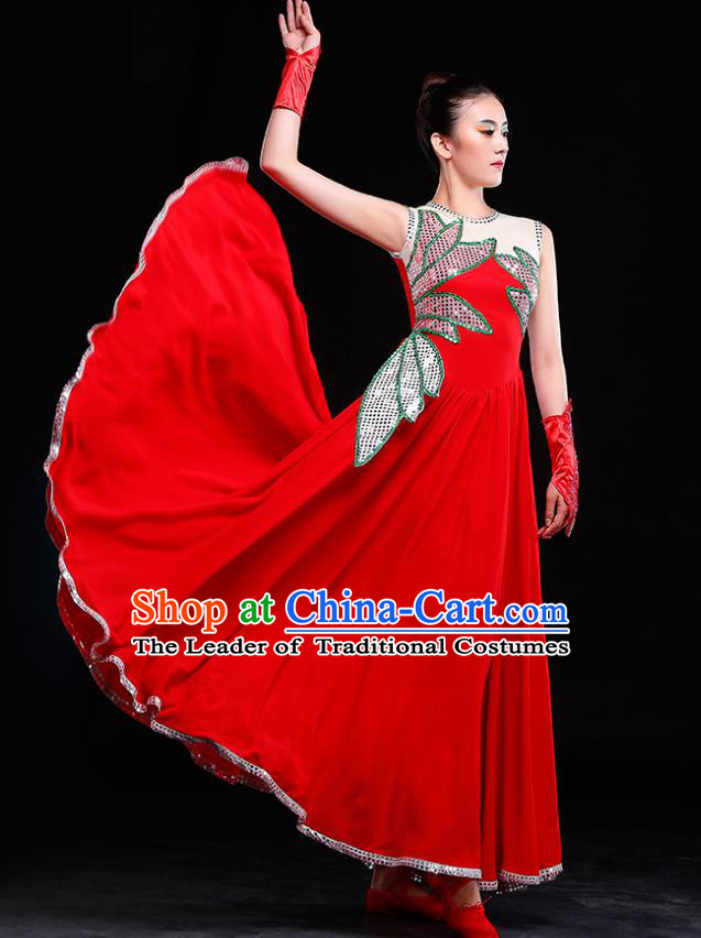 Traditional Chinese Modern Dance Costume, Opening Dance Chorus Singing Group Red Dress for Women