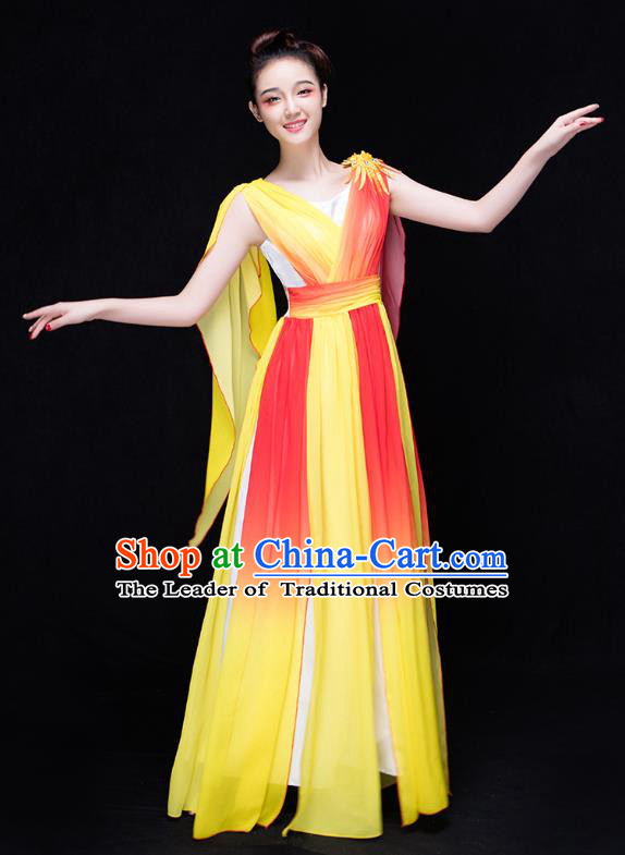 Traditional Chinese Modern Dance Costume, Opening Dance Chorus Singing Group Yellow Dress for Women