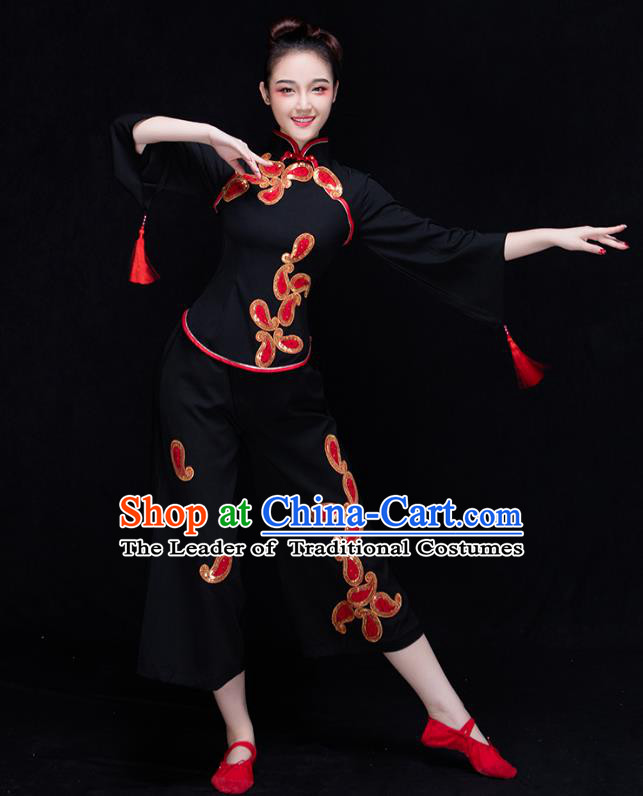 Traditional Chinese Classical Yangge Dance Black Uniforms Embroidered Costume, China Yangko Dance Dress Clothing for Women
