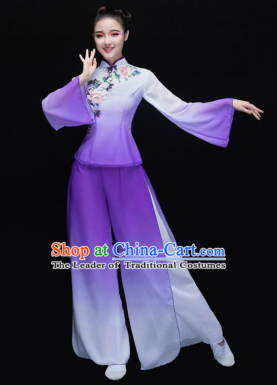 Traditional Chinese Classical Yangge Dance Purple Embroidered Uniforms, China Yangko Dance Clothing for Women