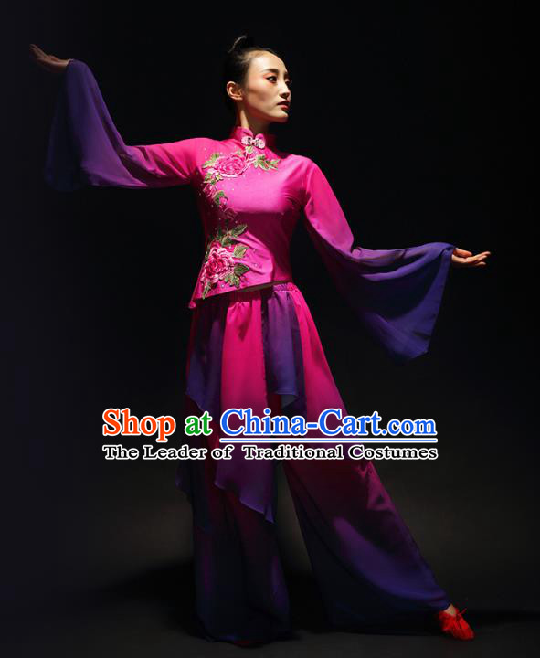 Traditional Chinese Classical Yangge Umbrella Dance Costume, China Yangko Fan Dance Rosy Clothing for Women