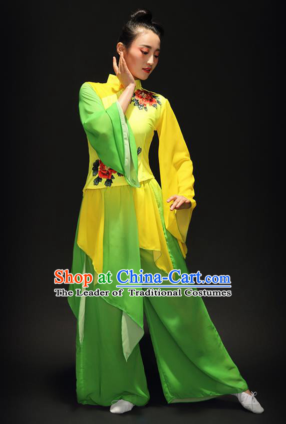 Traditional Chinese Classical Yangge Umbrella Dance Costume, China Yangko Fan Dance Yellow Clothing for Women