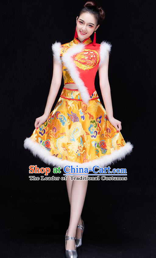 Traditional Chinese Classical Drum Dance Embroidered Costume, China Folk Dance Yangko Clothing for Women