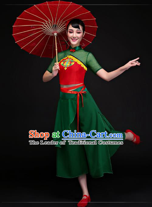 Traditional Chinese Classical Dance Fan Dance Green Costume, China Folk Dance Yangko Clothing for Women