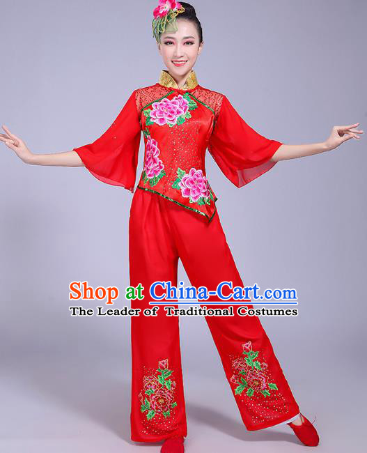 Traditional Chinese Classical Fan Dance Embroidered Costume, China Yangko Folk Dance Red Clothing for Women